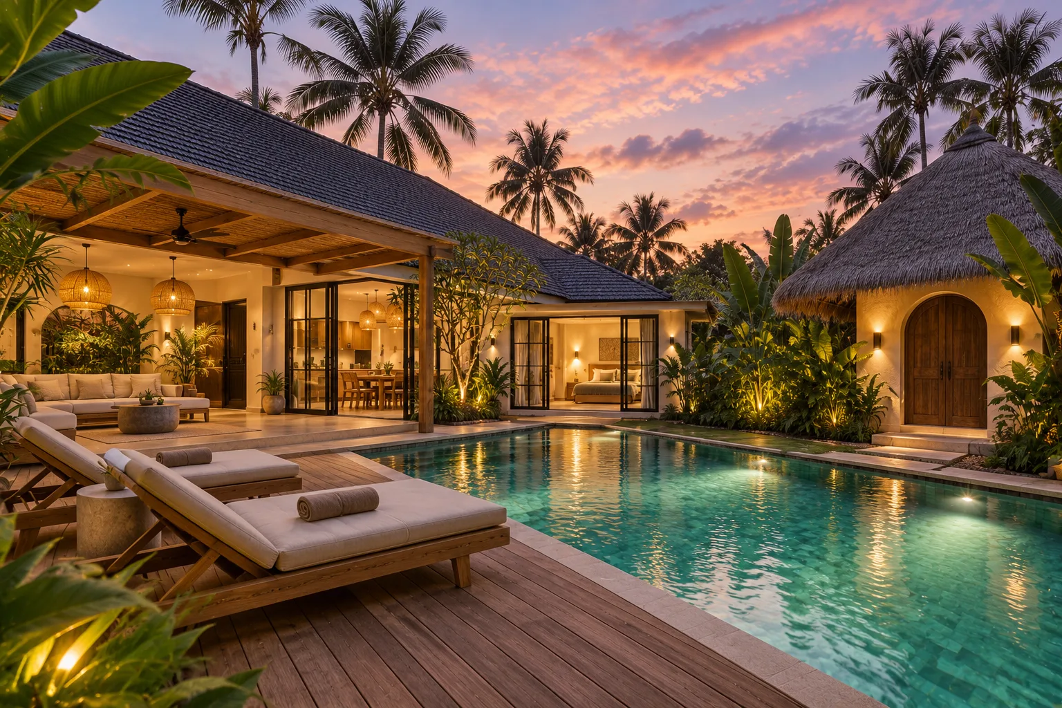 Villa Argos private pool and tropical courtyard at sunset
