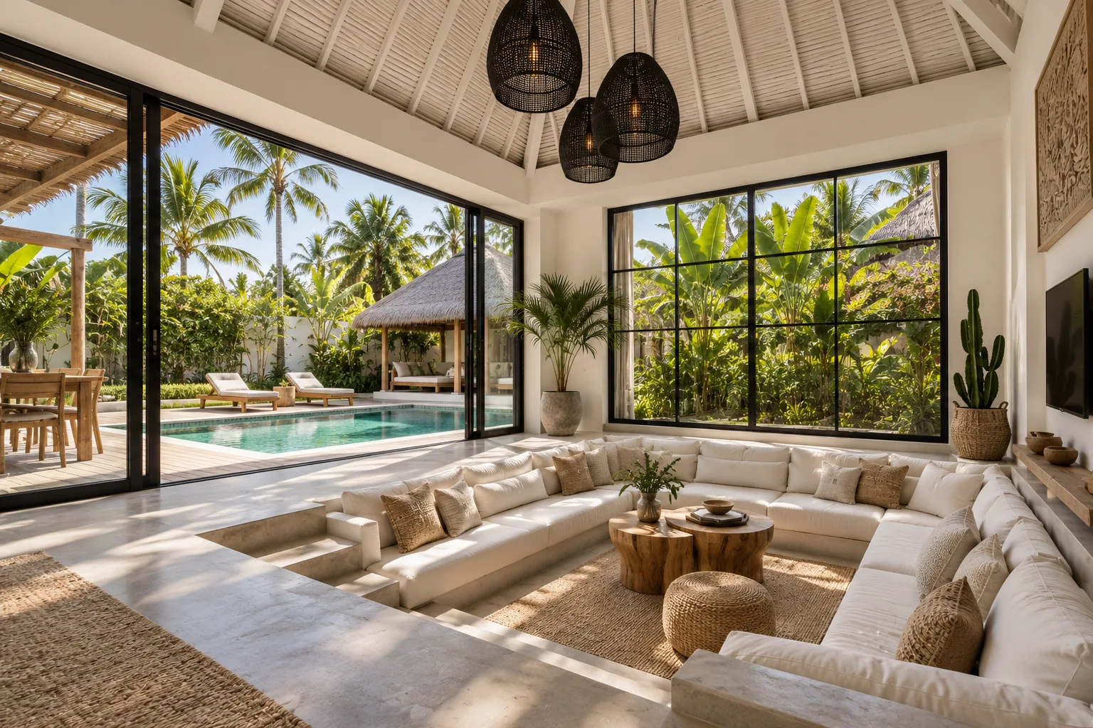 Warm interior dining space at Villa Argos